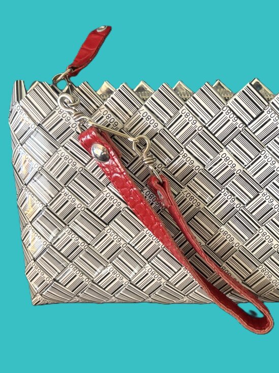 QR Code Nahui Ollin Black and White Wristlet with Red Leather Handle EUC - Picture 8 of 10